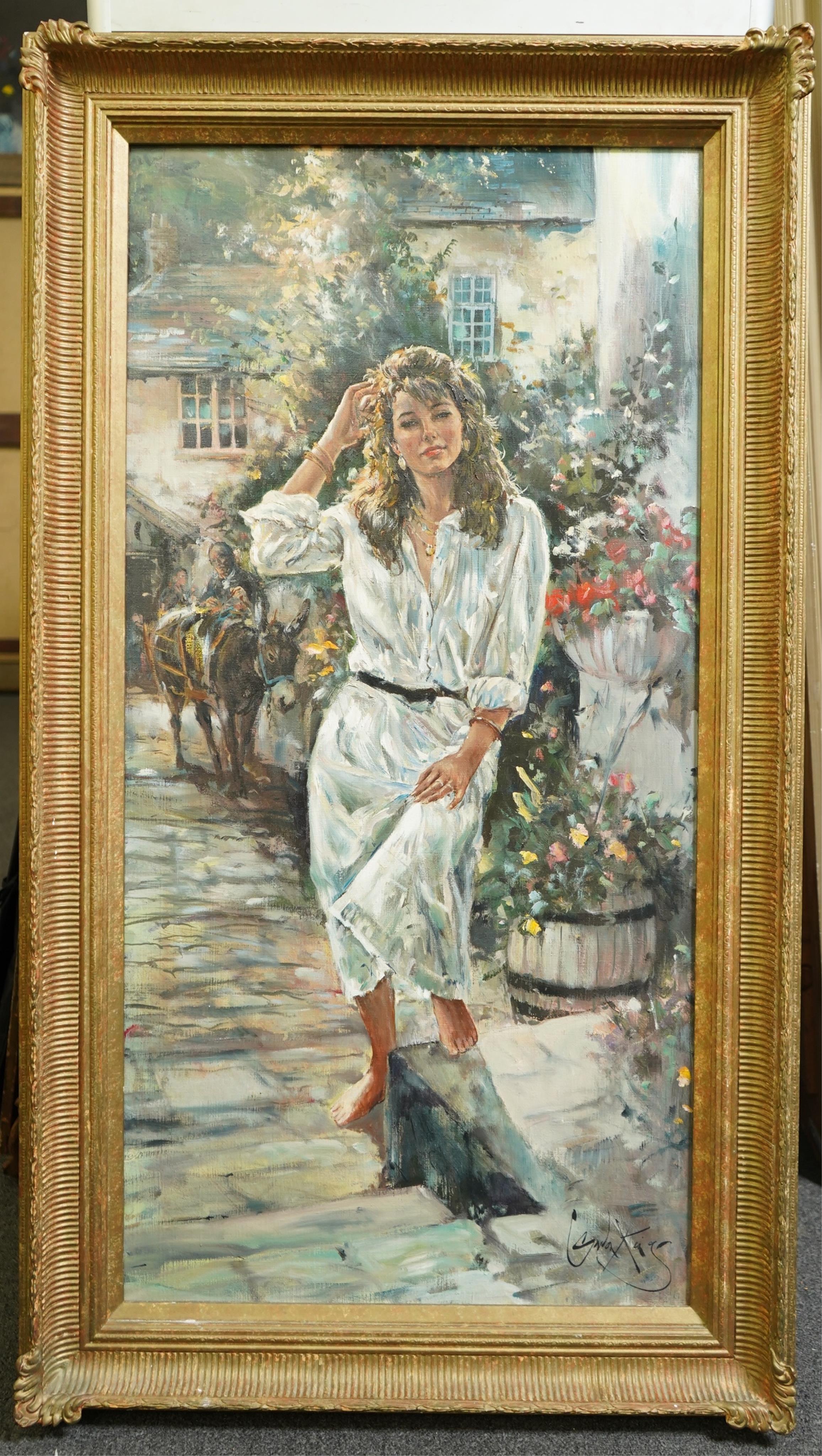 Gordon King (English, 1939-2022), oil on canvas, Woman standing on a terrace, a donkey beyond, signed, 101 x 50cm. Condition - good